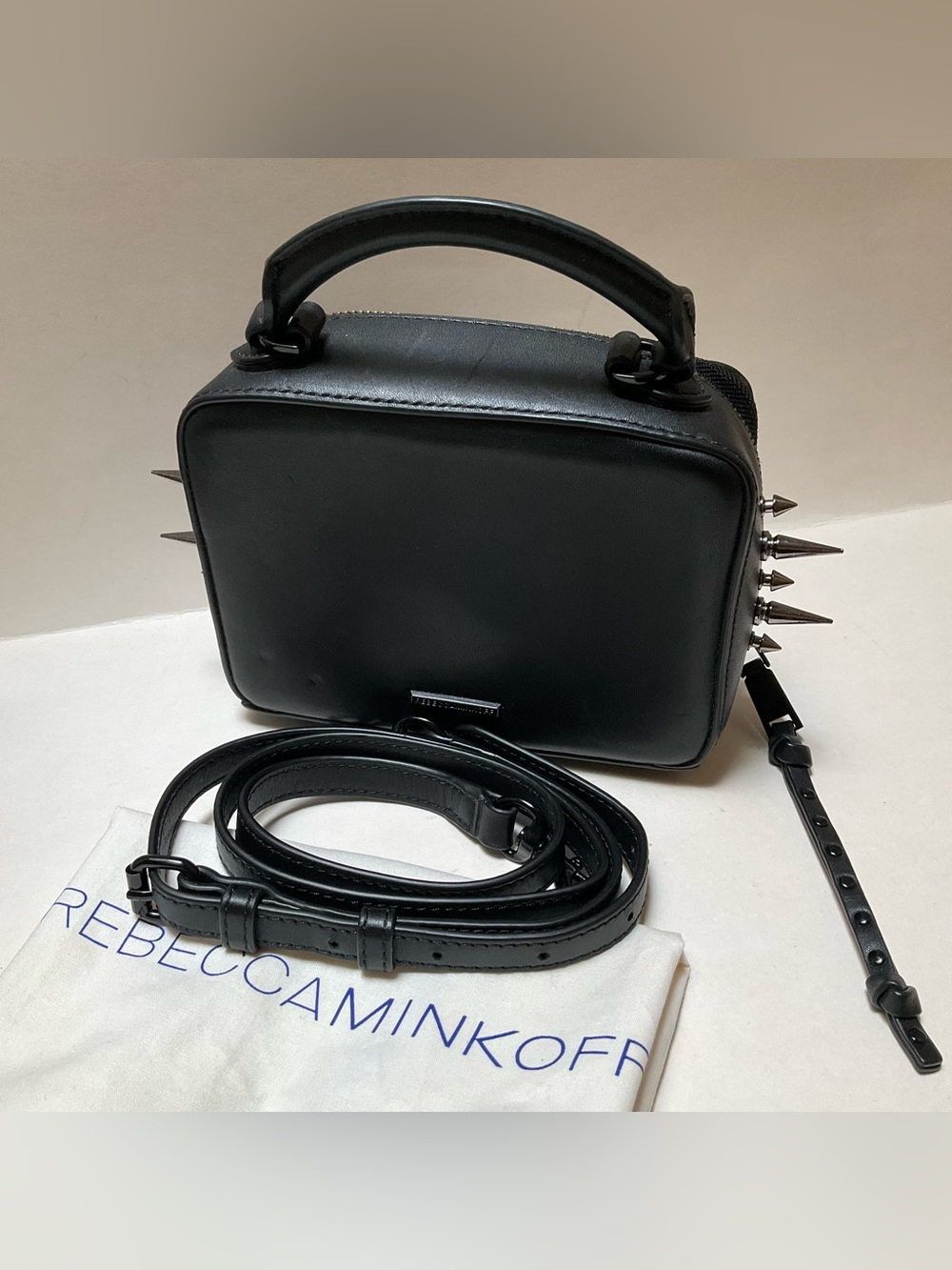Rebecca Minkoff Black Spike-Accent Leather Top-Handle Crossbody Cone Studs Goth
